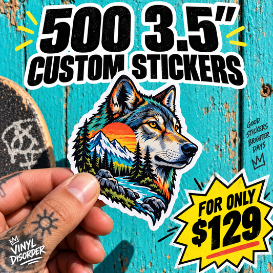 Hand-held custom vinyl sticker with wolf graphic and 'FOR ONLY $129' badge