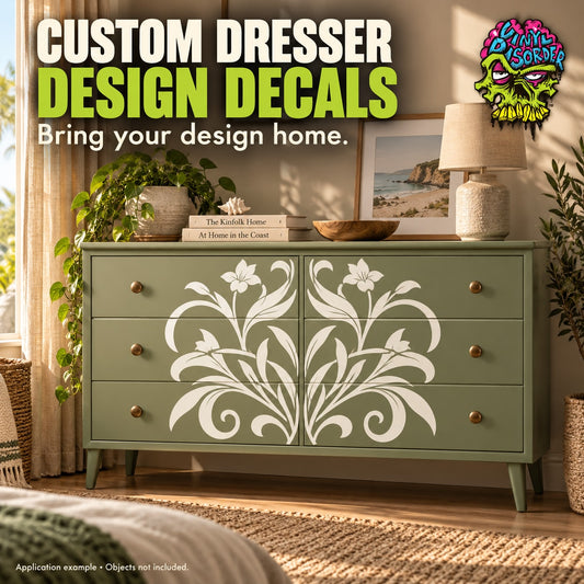 Custom dresser design decal with white floral tree pattern on light green dresser front