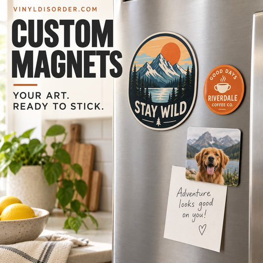 Custom vinyl magnets on metal surface: mountain, coffee, and dog photo with note