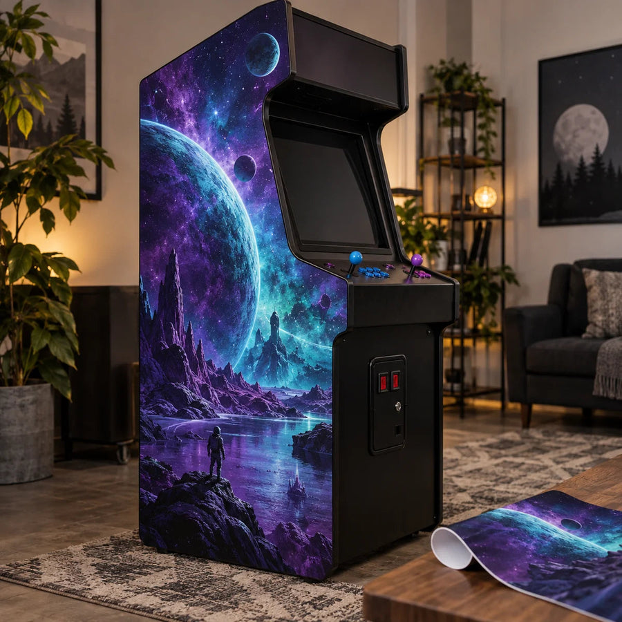Arcade cabinet side panel vinyl wrap with purple galaxy and planet artwork