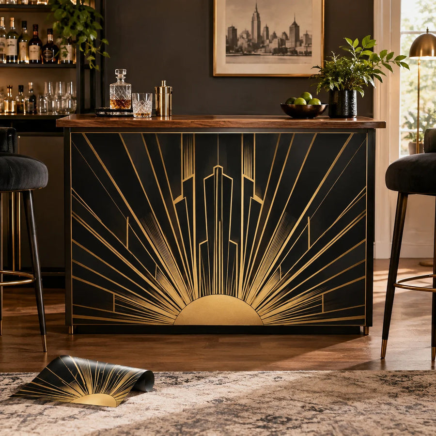 Black bar front panel vinyl wrap with gold sunburst city skyline graphic