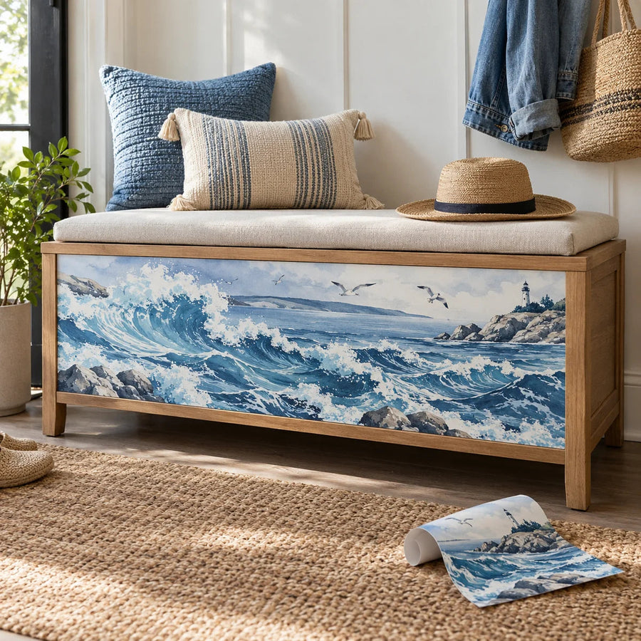 Bench front panel vinyl wrap with blue ocean waves and lighthouse print