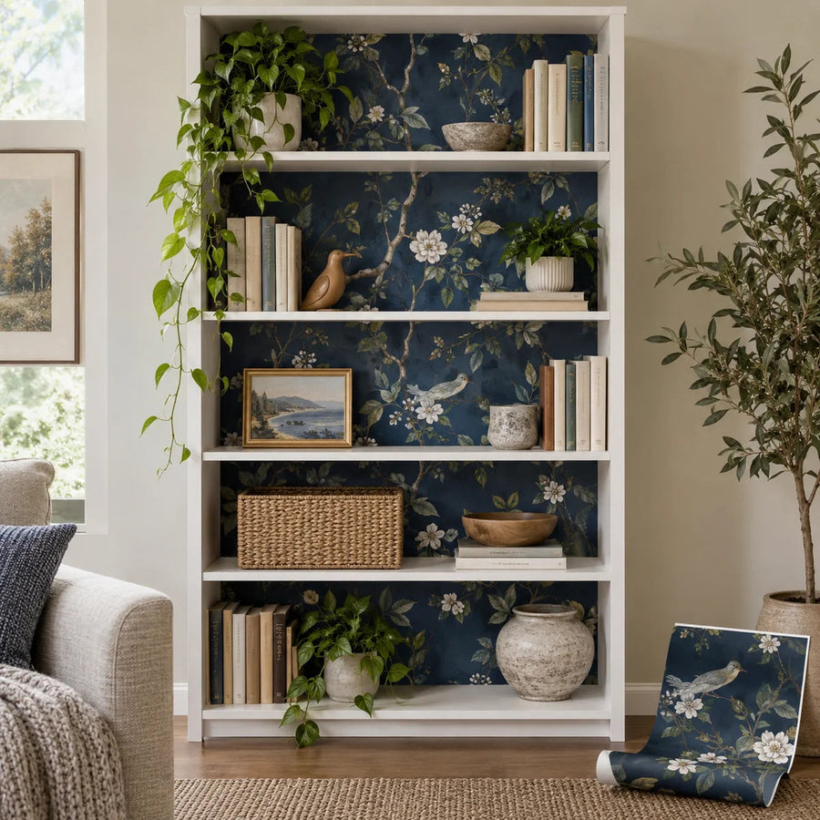 Custom bookcase back panel vinyl wrap with blue floral print