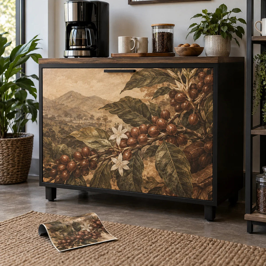 Coffee station panel vinyl wrap, vintage coffee beans and leaves print