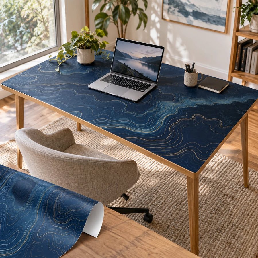 Blue top vinyl desk wrap with wave-like contour pattern and cutout edges