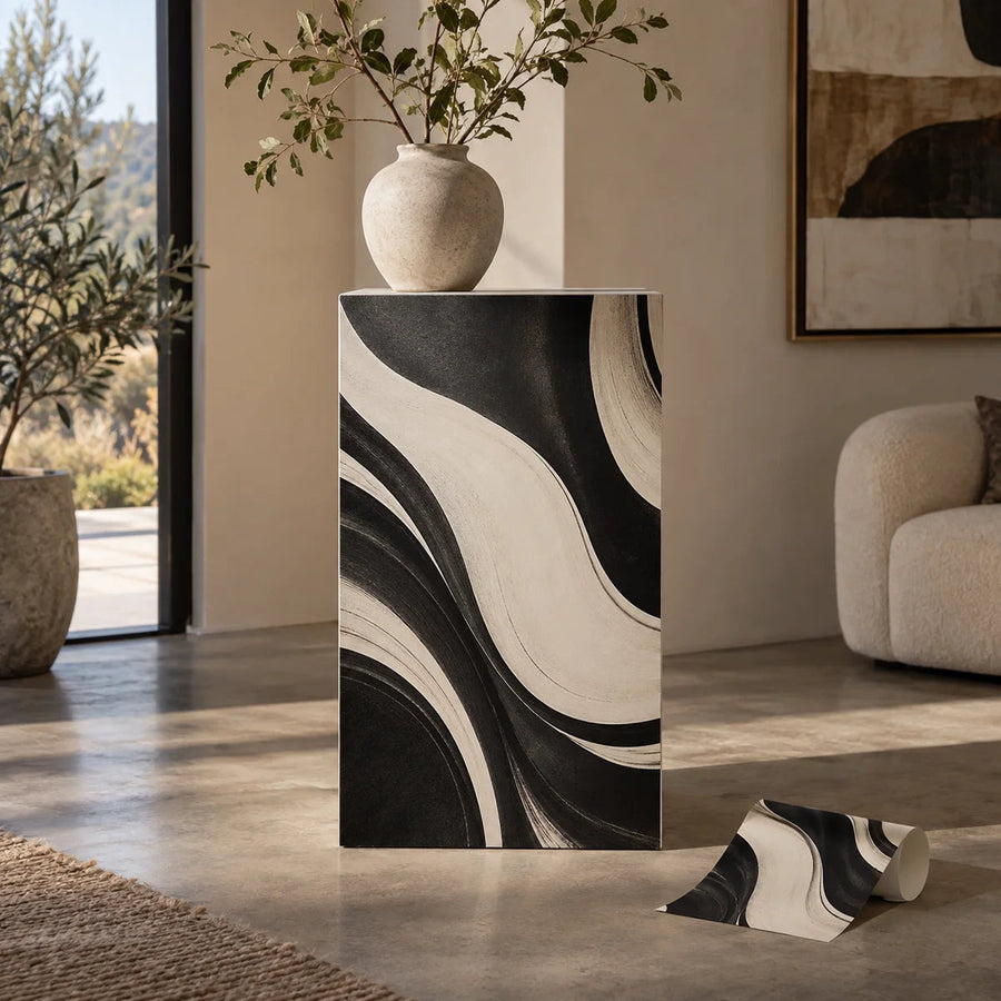 Custom display pedestal side vinyl wrap with black and white abstract swirl design