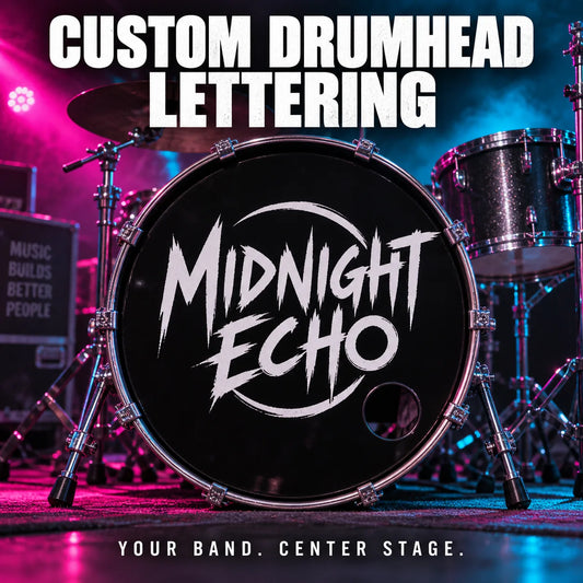 Custom drumhead decal with bold Midnight Echo lettering, graphic circle and swooshes