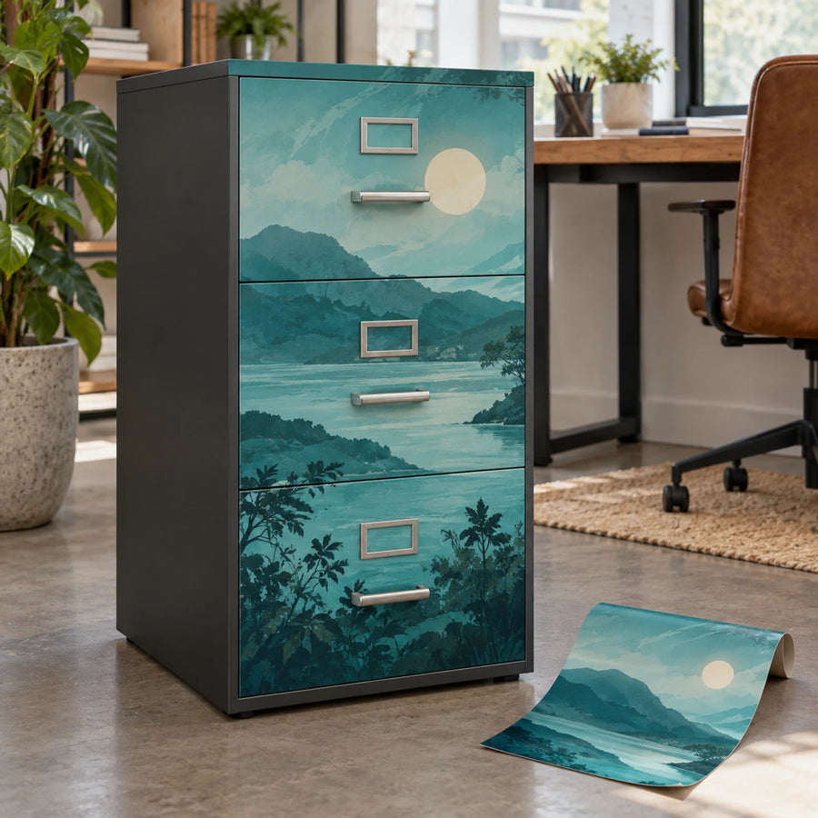 Custom filing cabinet panel vinyl wrap with teal landscape mountains and moon pattern