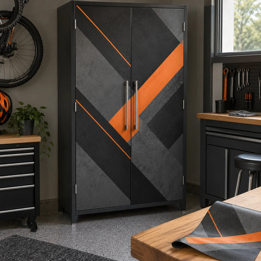 Garage cabinet door vinyl wrap, dark gray with orange geometric stripes and lines