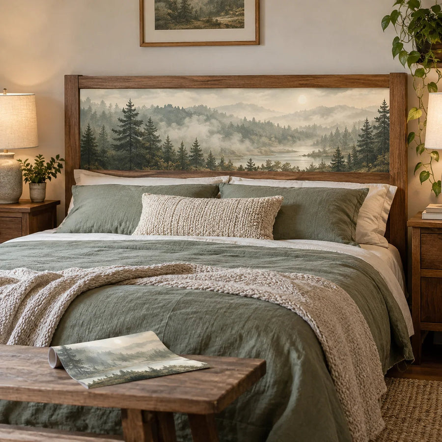 Custom headboard vinyl wrap with pine forest landscape print across the headboard