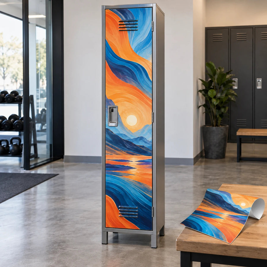 Locker door vinyl wrap panel with colorful wave and sunset artwork