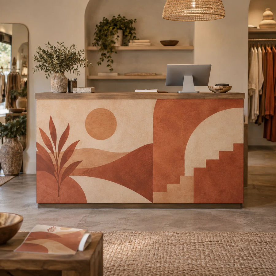 Custom retail counter front vinyl wrap with warm abstract shapes in brown and beige.