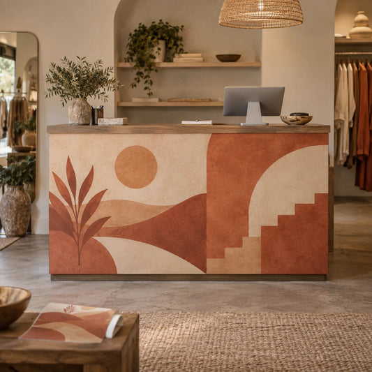 Custom retail counter front vinyl wrap with warm abstract shapes in brown and beige.