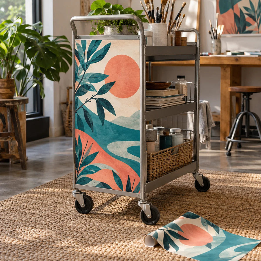Custom rolling cart side panel vinyl wrap with tropical plant and orange patterns on wheeled cart