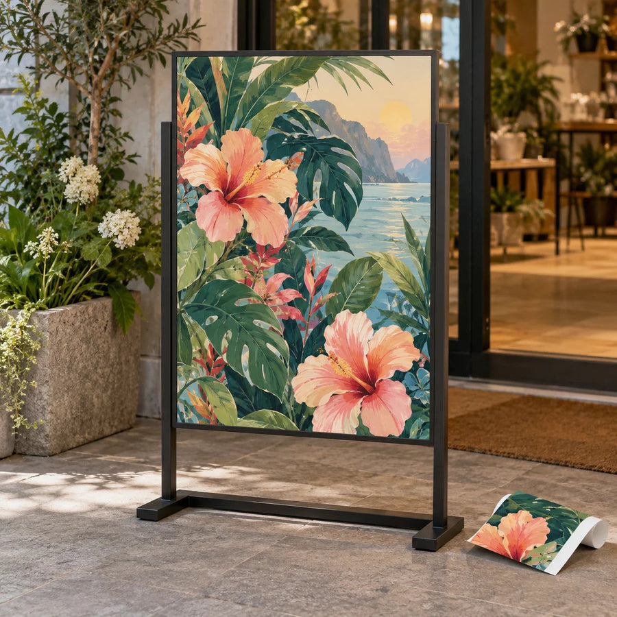 Printed vinyl wrap sign face with tropical floral and leaf artwork, landscape layout