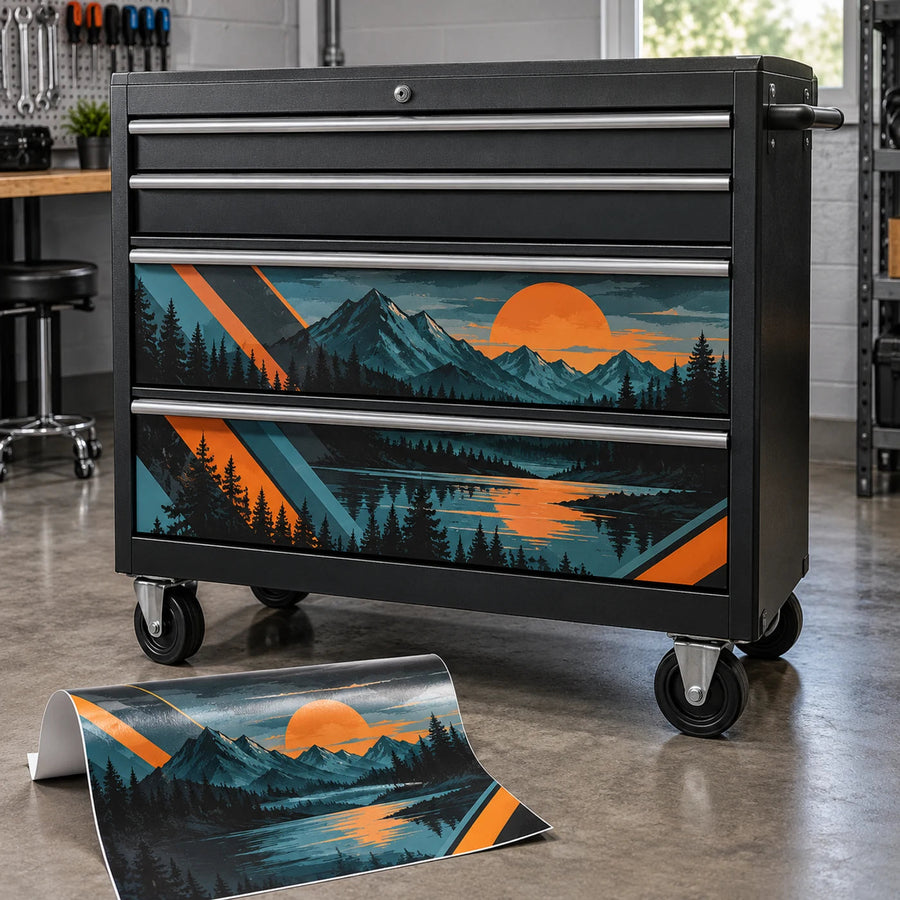 Toolbox panel vinyl wrap with mountain sunset graphic: orange sun, teal forest and water