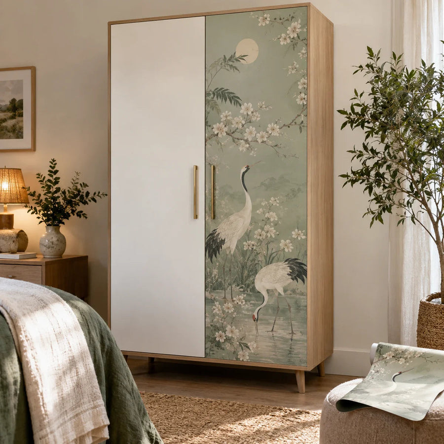 Custom wardrobe door panel vinyl wrap with floral bird scene and long handle