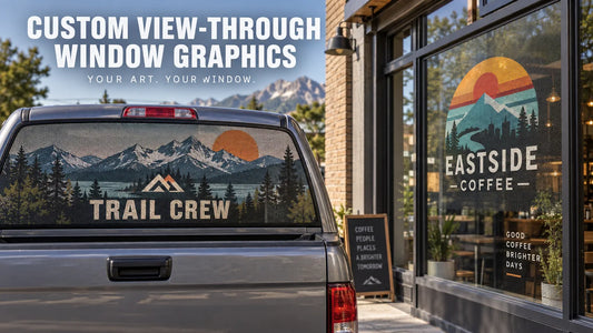 View-through vinyl window sticker with mountain landscape, sun graphic, and cafe text
