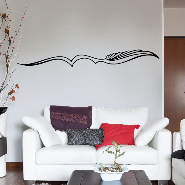 Black pinstripe vinyl wall decal with curved lines and winged accent