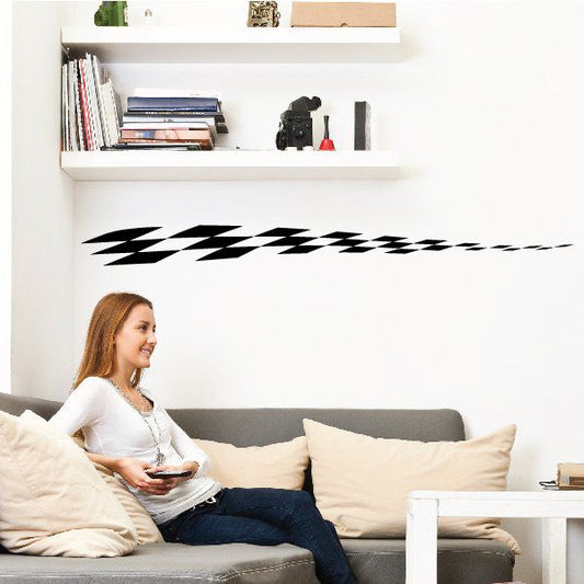 Black pinstripe vinyl vehicle decal with checkered stripe across wall
