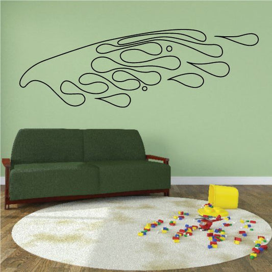Vehicle pinstripe vinyl wall decal with outlined racing car and flame-like swirls