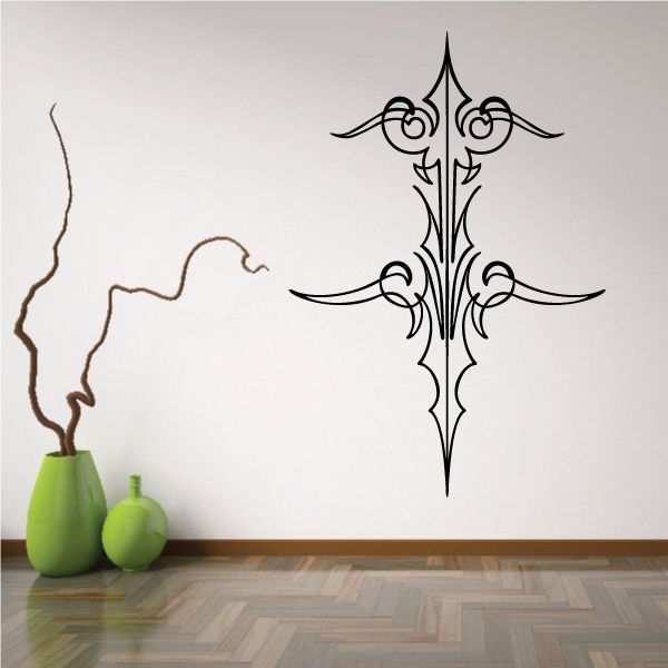 Ornate black vinyl wall decal with pointed spear top and scroll accents