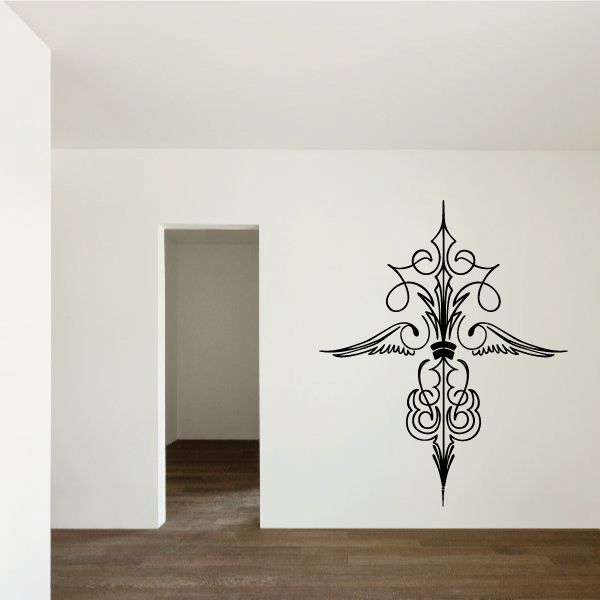 Ornate black filigree cross vinyl decal with winged scroll details
