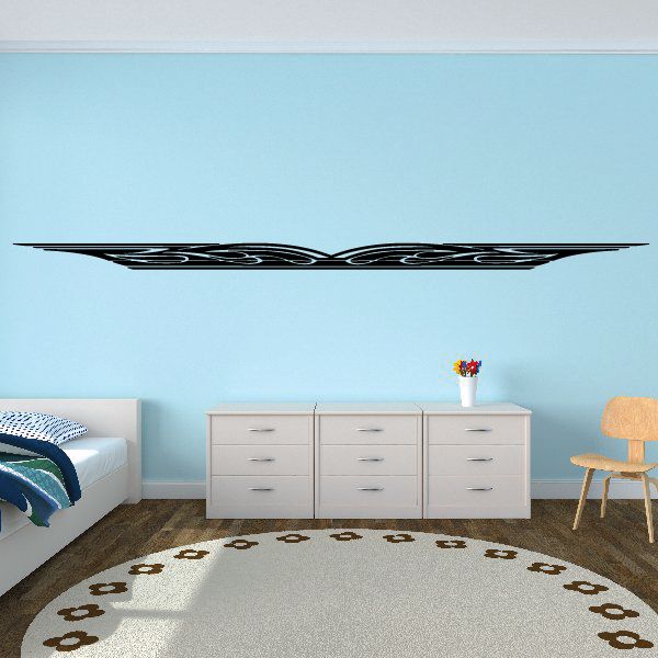 Vehicle pinstripe vinyl decal, black horizontal stripe with swirl flames