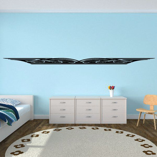Vehicle pinstripe vinyl decal, black horizontal stripe with swirl flames