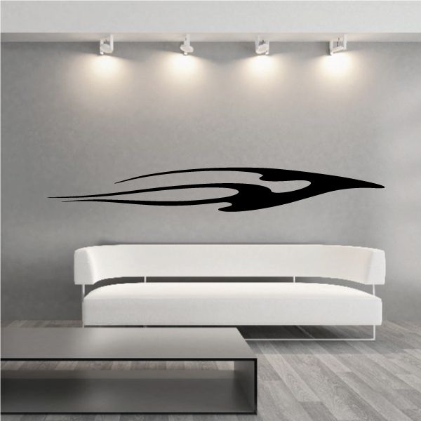 Black vehicle pinstripe vinyl decal with flame-style swoosh, flat on wall