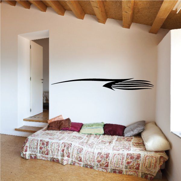 Black pinstripe vehicle decal with sweeping stripe tail on wall