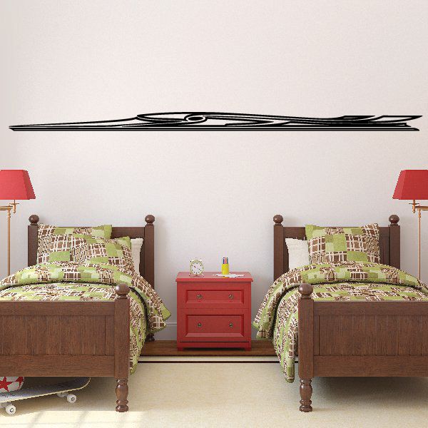 Horizontal black pinstripe vinyl decal with oval emblem center and white accent line