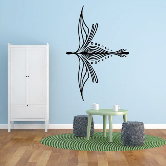 Black pinstripe vinyl wall decal with stylized feather design