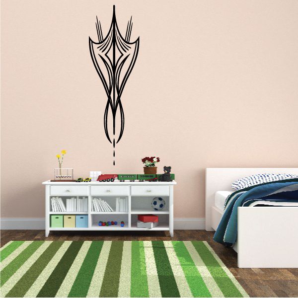 Black pinstripe vehicle vinyl wall decal, tribal winged flame design