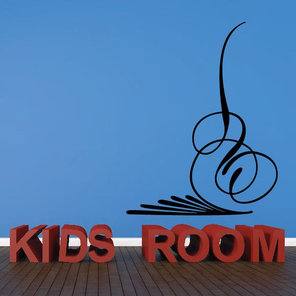 Wall decal reading 'KIDS ROOM' with swirl line graphic