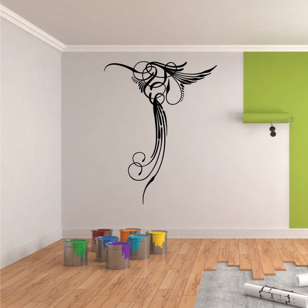 Black pinstripe vinyl wall decal with ornate scroll and flourish design