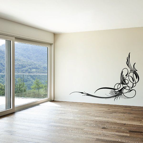 Black vinyl wall decal with tribal pinstripe swoosh and flame-style motifs