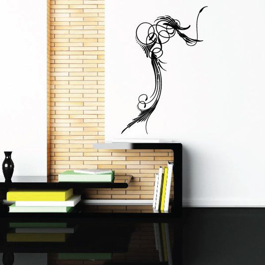 Black ornamental pinstripe vinyl wall decal, curled figure silhouette near top