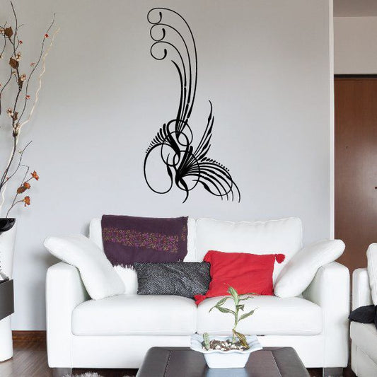 Black pinstripe vinyl decal with curving scroll and feather-like lines