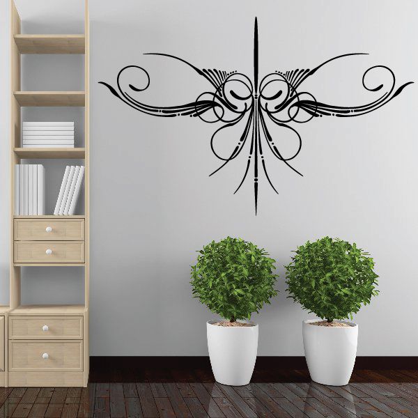 Black ornate butterfly pinstripe vinyl decal with symmetrical scrollwork design
