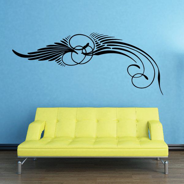 Black pinstripe vinyl wall decal with sweeping curved design and emblem