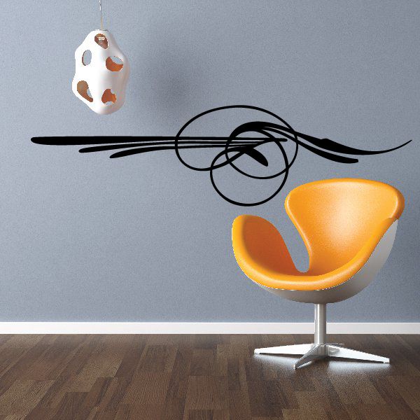 Pinstripe vinyl vehicle decal with black swirl lines and orange shield shape