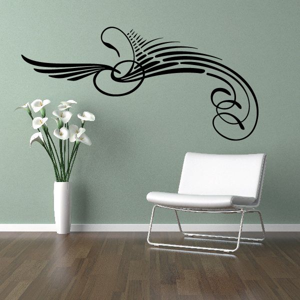 Black car pinstripe vinyl decal with winged swirl design and swooping lines