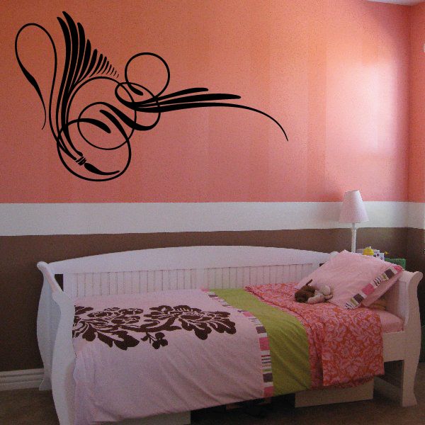 Black pinstripe swirl vinyl decal with scroll accents for vehicle or wall