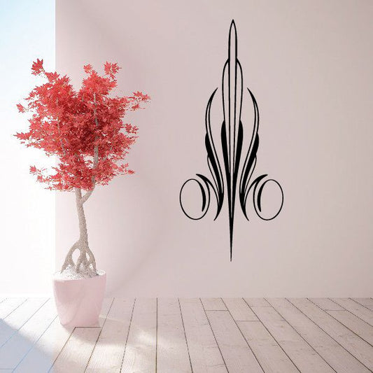 Vehicle pinstripe vinyl decal with black flame design and two round accents