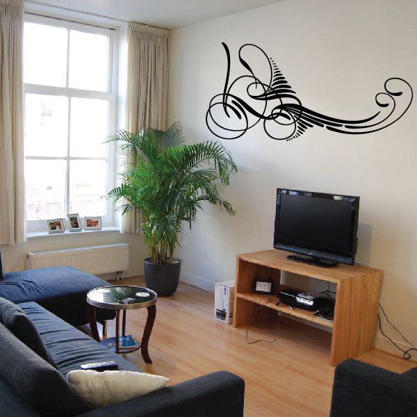 Black pinstripe vinyl wall decal with ornate swirling line design