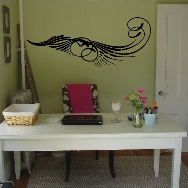 Vehicle pinstripe vinyl decal, black swirl with wings and circular accents