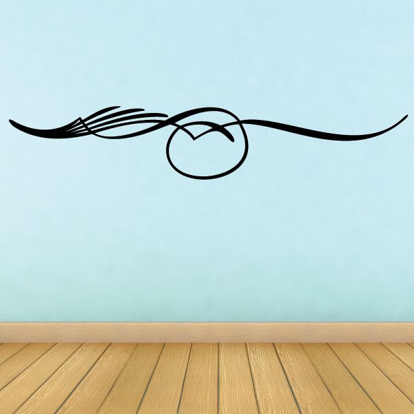Pinstripe vinyl decal with black curvy lines and centered round emblem