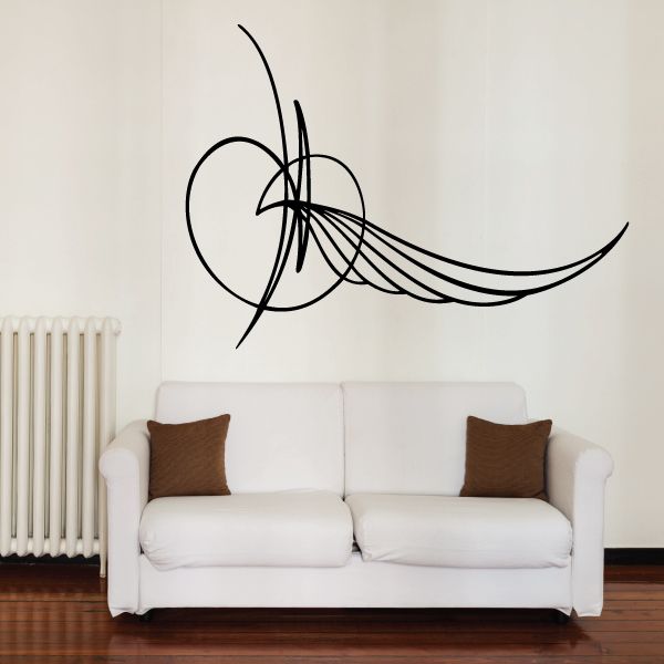 Black pinstripe vinyl decal with abstract swirl and wing-like line design