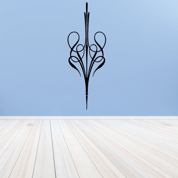 Ornate black pinstripe vinyl decal with central vertical flourish and spear tip